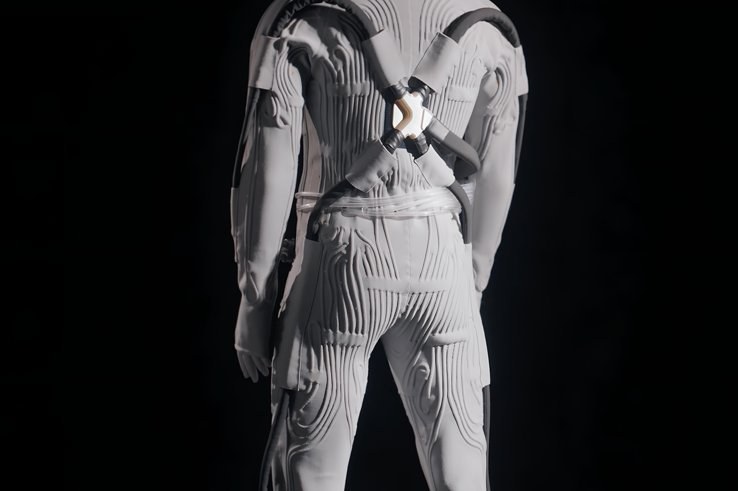 A single astronaut in sleek high-fashion long underwear floating against the Moon.
